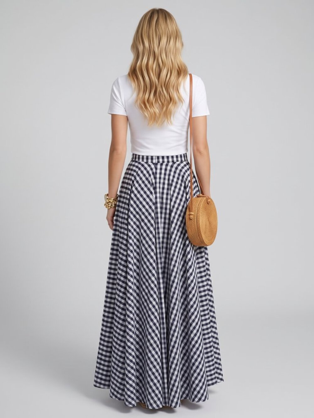 Women's Black White Gingham Plaid Maxi Skirt High Waist Flowy A-Line - Picture 2 of 4